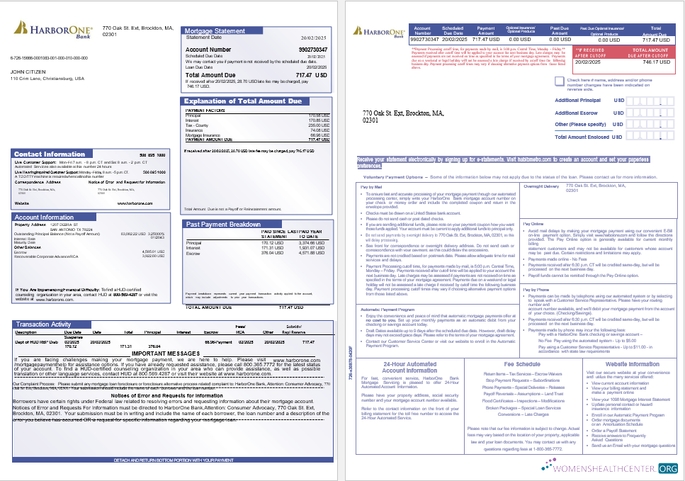 Download USA HarborOne Bank mortgage statement in Word and PDF formats, 3 pages 1 2 Photoshop template